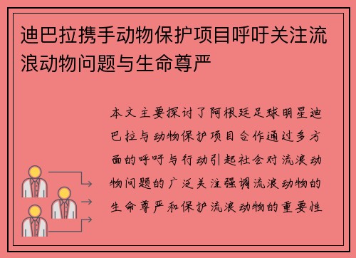 迪巴拉携手动物保护项目呼吁关注流浪动物问题与生命尊严