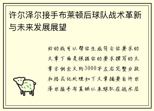 许尔泽尔接手布莱顿后球队战术革新与未来发展展望